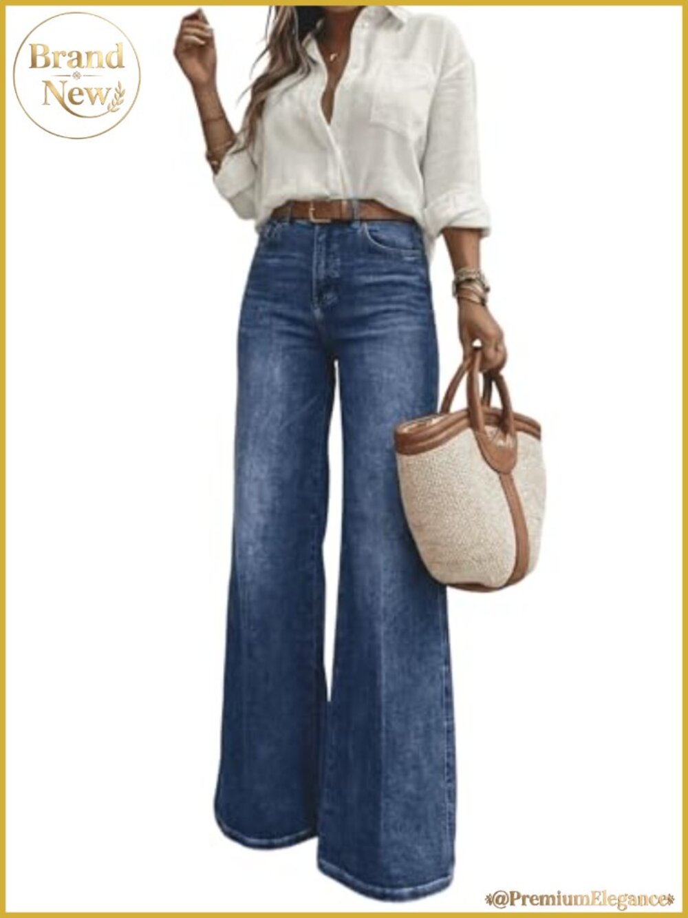Women's High Waisted Wide Leg Jeans 5-Pocket Dark Wash Long Denim Pants